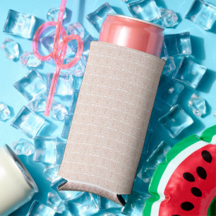 a beige and white chequered pattern on a white bac seltzer can cooler