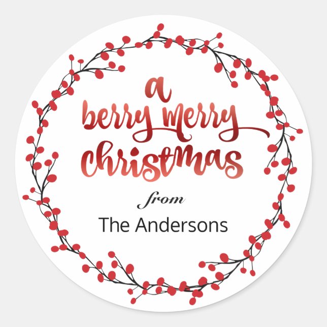 A Berry Merry Christmas Holiday Classic Round Sticker (Front)