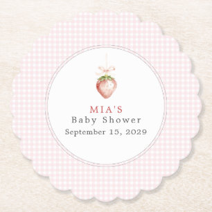 A Berry Sweet Baby Strawberry Gingham Baby Shower Paper Coaster