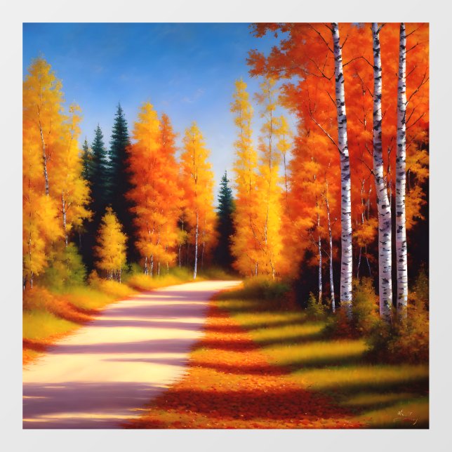 A birch tree lined driveway in autumn window cling (Sheet)