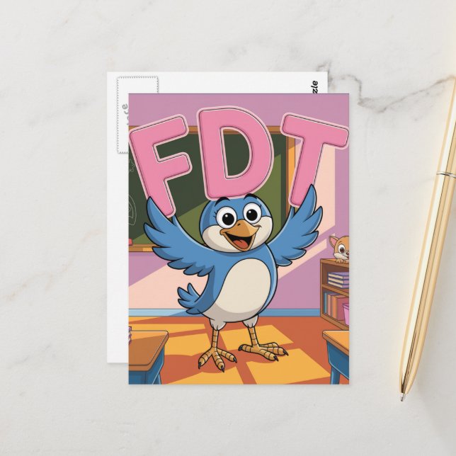 A bird with an FDT letters in a classroom Postcard (Front/Back In Situ)