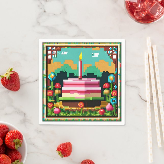A birthday cake in pixel art napkin (Insitu)