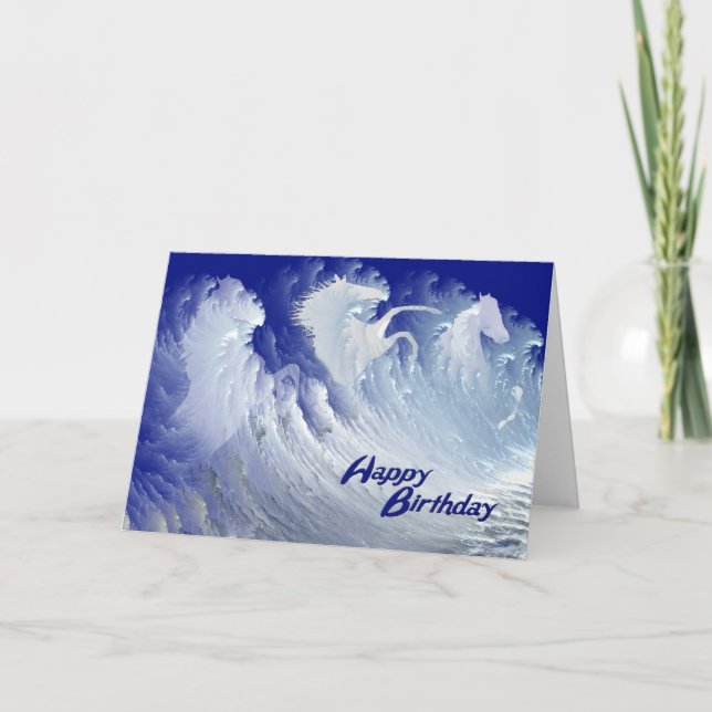 A birthday card with wild white surf horses (Front)