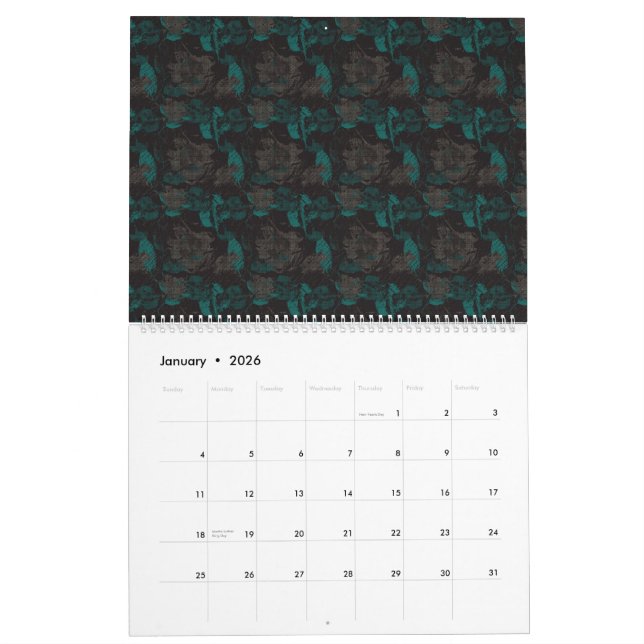 a black and green pattern with a black background calendar (Jan 2026)