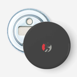 a black and red logo with a person in the centre bottle opener
