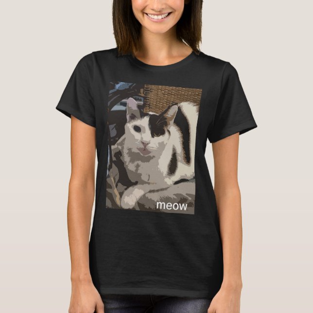 A black and white cat on a kitchen chair. Meow! T-Shirt (Front)