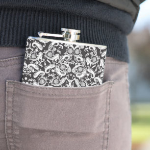 a black and white paisley pattern hip flask