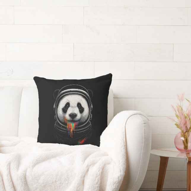 A black and white panda bear wearing a space suit throw pillow (Couch)