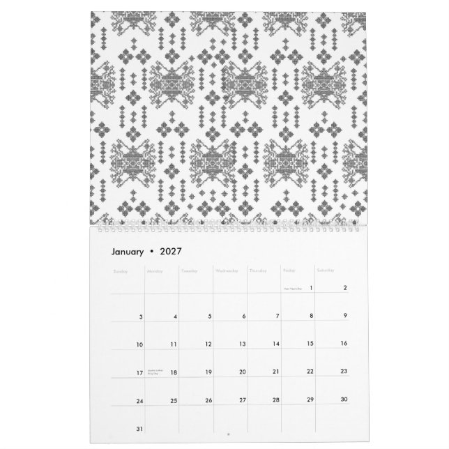 a black and white pattern with a white background calendar (Jan 2027)