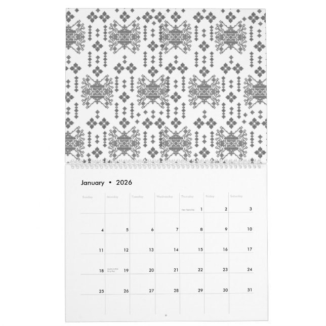 a black and white pattern with a white background calendar (Jan 2026)