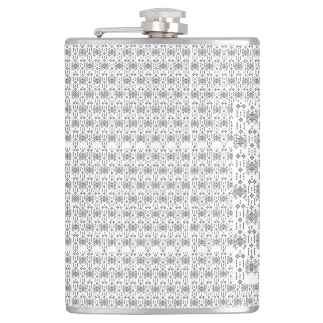 a black and white pattern with a white background hip flask (Front)