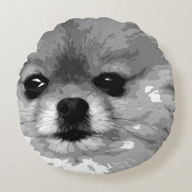 A black and white Pomeranian Round Pillow (Front)