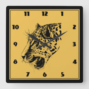 A Black and Yellow Hand Drawn Leopard Illustration Square Wall Clock