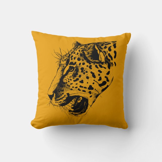 A Black and Yellow Hand Drawn Leopard Illustration Throw Pillow (Front)