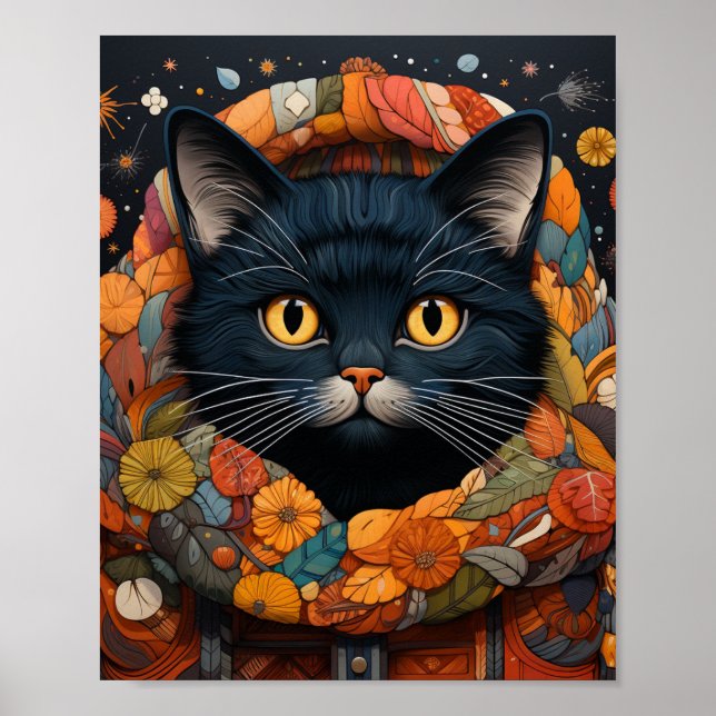 A Black Cat in a Floral Sweater Poster (Front)