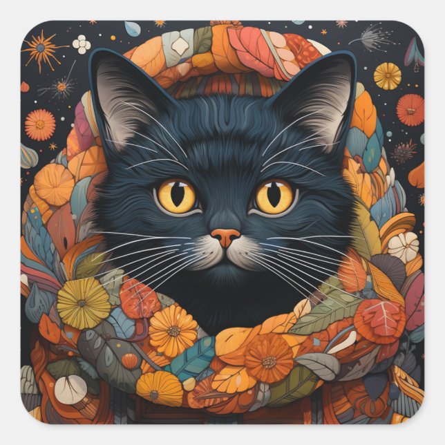 A Black Cat in a Floral Sweater Square Sticker (Front)