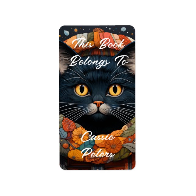 A Black Cat in a Floral Sweater This Book Belongs  Label (Front)
