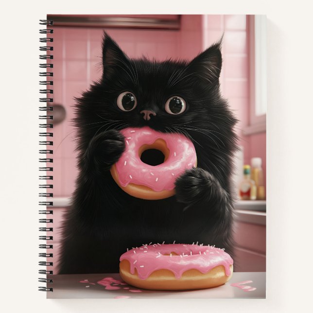 A black cat is holding pink doughnuts in its paws notebook (Front)