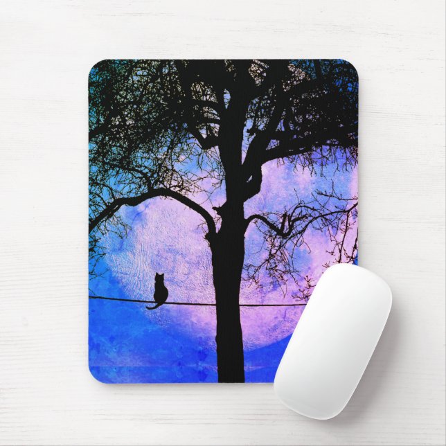 A Black Cat on a Wire Full Moon Mouse Pad (With Mouse)