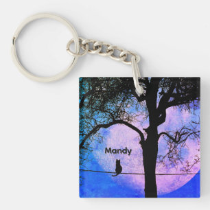 A Black Cat on a Wire Full Moon Name Keychain