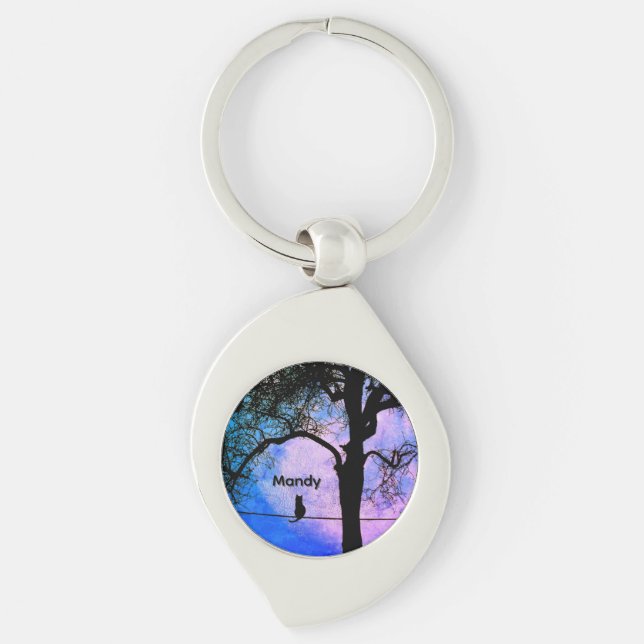A Black Cat on a Wire Full Moon Name Keychain (Front)