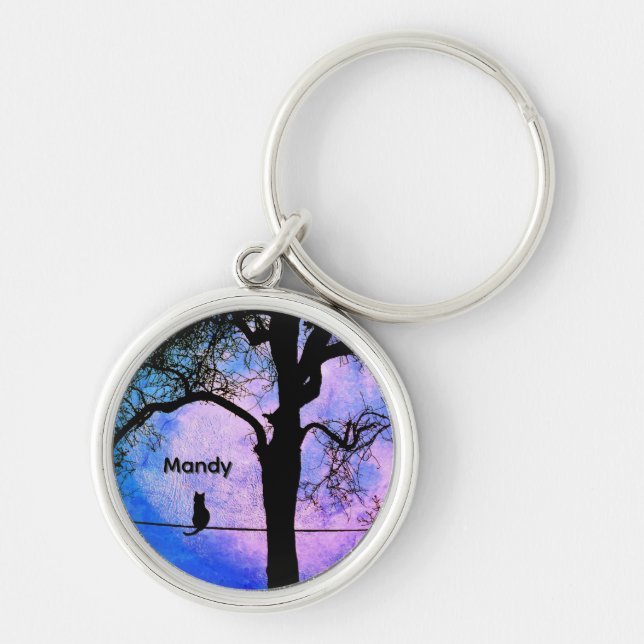 A Black Cat on a Wire Full Moon Name Keychain (Front)