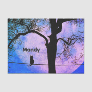 A Black Cat on a Wire Full Moon Name Tissue Paper