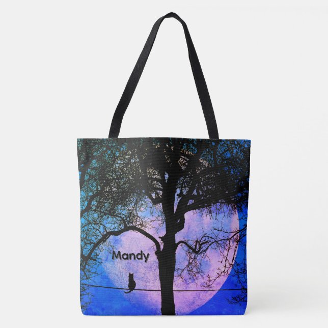 A Black Cat on a Wire Full Moon Name Tote Bag (Front)