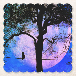 A Black Cat on a Wire Full Moon Paper Coaster