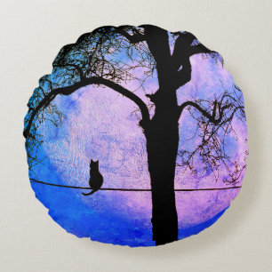 A Black Cat on a Wire Full Moon Round Pillow