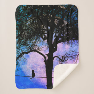 A Black Cat on a Wire Full Moon Sherpa Blanket