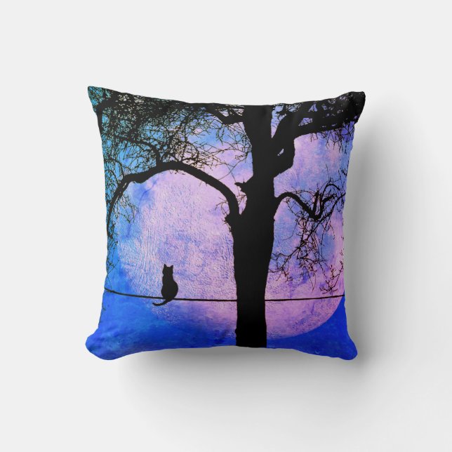 A Black Cat on a Wire Full Moon Throw Pillow (Front)
