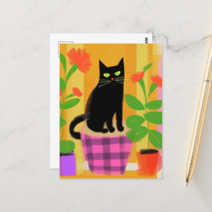 A Black Cat With Houseplants Pink Purple Seat Postcard