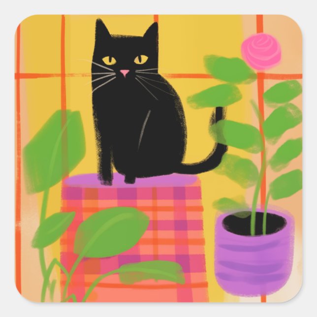 A Black Cat With Houseplants Plaid Chair Square Sticker (Front)