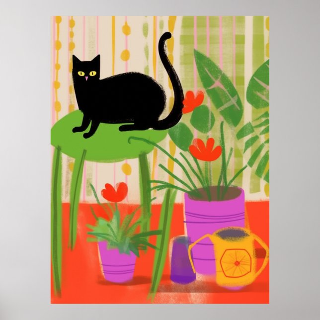 A Black Cat With Houseplants Poster (Front)