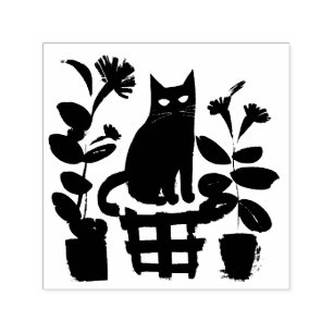 A Black Cat With Houseplants Self-inking Stamp