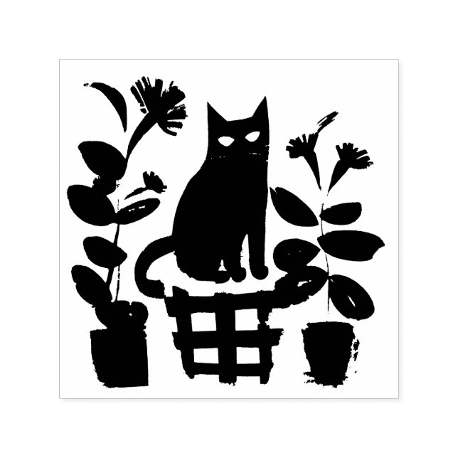 A Black Cat With Houseplants Self-inking Stamp (Design)