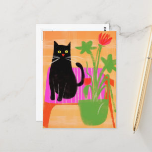 A Black Cat With Houseplants Sits on Pink  Postcard