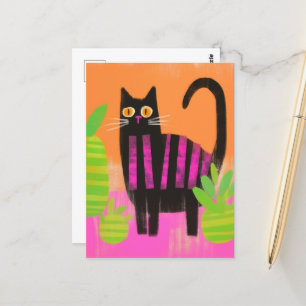 A Black Cat With Pink Stripes and Houseplants  Postcard