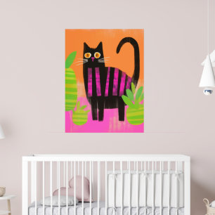 A Black Cat With Pink Stripes and Houseplants Poster
