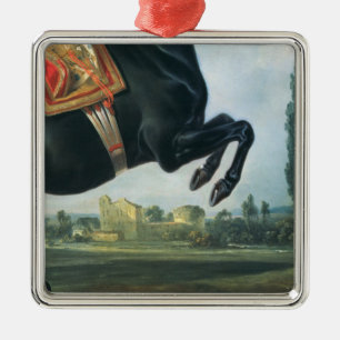 A black horse performing the Courbette Metal Ornament