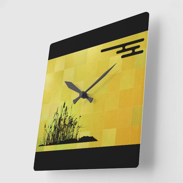 A black Japanese style pattern on a gold leaf Square Wall Clock (Angle)