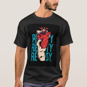 A black t-shirt featuring a hand holding a heart w