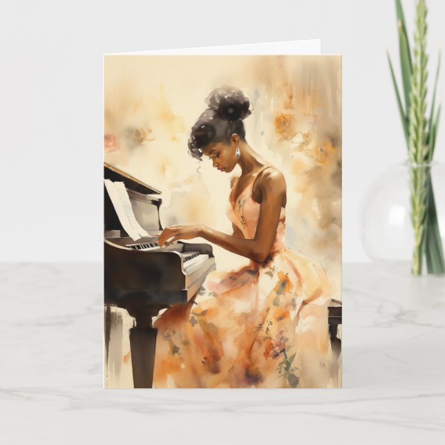 A Black Woman In A Floral Dress Playing A Piano Card (Front)