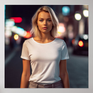 A blonde model wearing a Gildan tshirt Poster