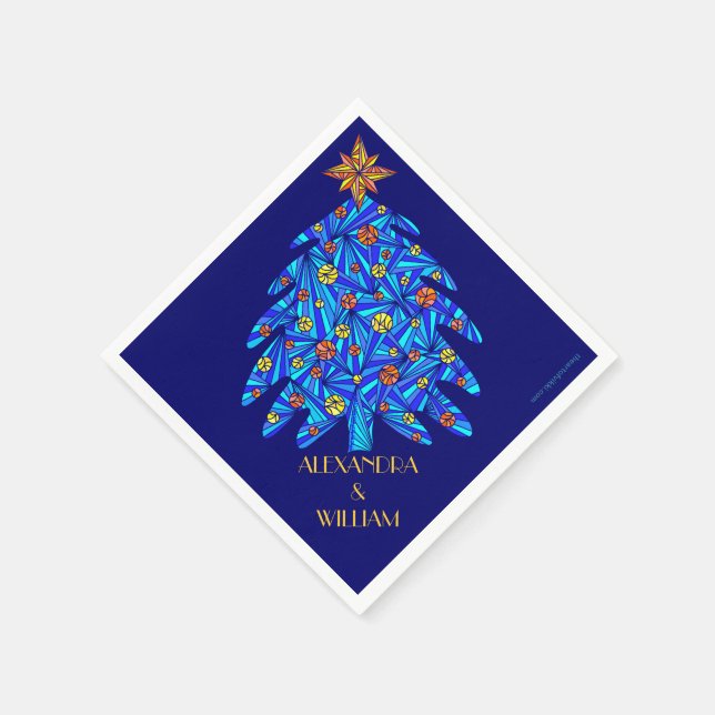 A Blue Abstract Holiday Tree Personalized Party Napkin (Corner)