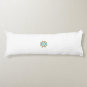 a blue and brown flower with a red centre body pillow