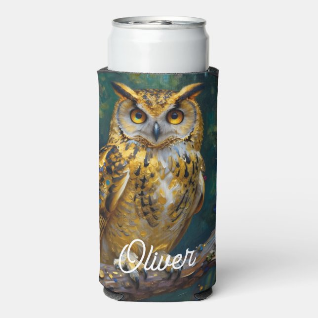 A Blue and Gold Majestic Owl   Seltzer Can Cooler (Seltzer Back)