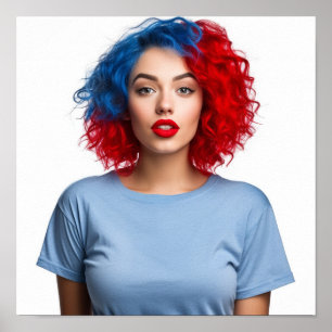 A blue and red haired model wearing Gildan Tee Poster
