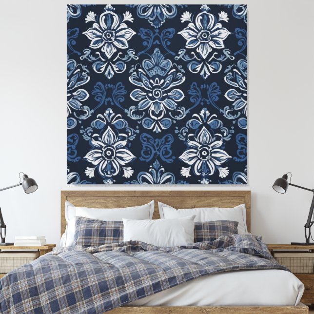 a blue and white floral pattern canvas print (Insitu(Bedroom))